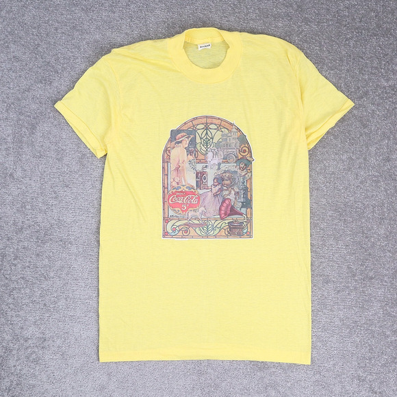 VTG Coca Cola Coke Soda Art Deco Sheer Large Yellow Short Sleeve T-Shirt - Picture 1 of 9